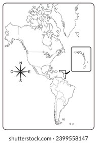 Mapa del continente americano o América, con división política en blanco y negro, con fines escolares y para estudiar sin nombre 