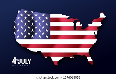 map of American USA with waving flag in background, united states of america, stars and stripes. Independence day 4th july