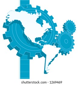 Map of the Americas with gears in the background