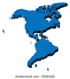 Map of Americas with national borders and country names. Pseudo-3d vector illustration.