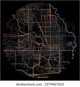 Map of Ames, Iowa with all major and minor roads, railways and waterways. Colorful line art on black background.