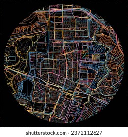 Map of Amstelveen, North Holland with all major and minor roads, railways and waterways. Colorful line art on black background.