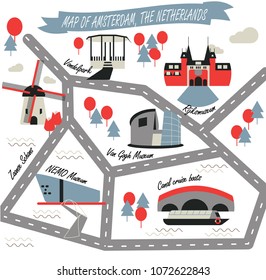 Map of Amsterdam, the Netherlands. Landmarks guide icons set, vector illustration. Rijksmuseum, windmill, tulip, Zaanse Schans, NEMO, canal boat cruise, Van Gogh, Vondelpark.