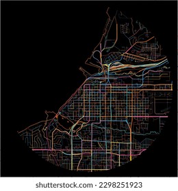 Mapa de Anchorage, Alaska con todas las carreteras principales y menores, vías férreas y vías fluviales. Coloridas líneas de arte sobre fondo negro.