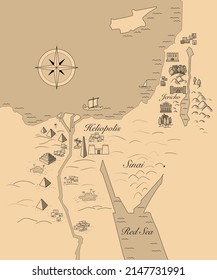 Mapa del Antiguo Egipto e Israel de los tiempos de la Biblia desde la época de Moisés con fines ilustrativos. 