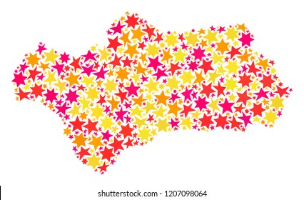 Map of Andalusia Province composed with colored flat stars. Vector colored geographic abstraction of map of Andalusia Province with red, yellow, orange stars.
