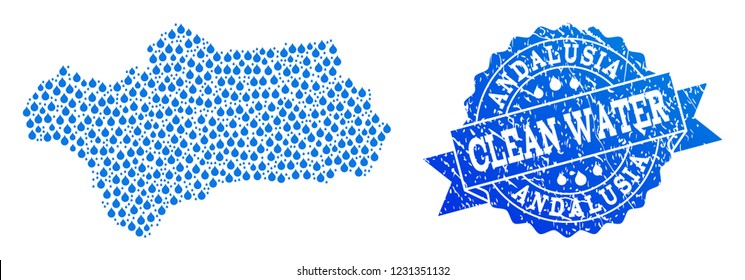 Map of Andalusia Province vector mosaic and clean water grunge stamp. Map of Andalusia Province created with blue water raindrops. Seal with grunge rubber texture for natural drinking water.