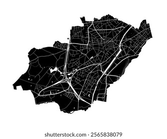 Map of Anderlecht, Belgium. Detailed city vector map, metropolitan area. Black and white streetmap with roads and water.