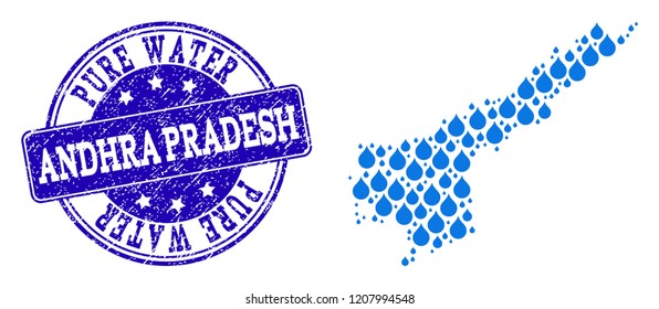 Map of Andhra Pradesh State vector mosaic and Pure Water grunge stamp. Map of Andhra Pradesh State composed with blue liquid raindrops. Seal with grunge rubber texture for pure drinking water.