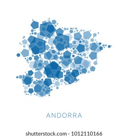 map of Andorra filled with abstract mosaic of pentagons of random sizes and degrees of transparency on white background