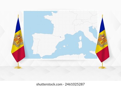 Map of Andorra and flags of Andorra on flag stand. Vector illustration for diplomacy meeting.