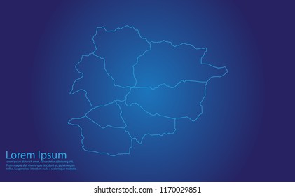 Map of andorra - With glowing point and lines scales on the dark gradient background. andorra map with country borders, thin Blue outline on Dark background.