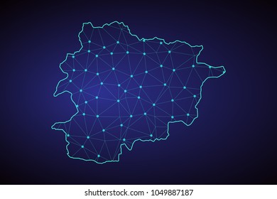 Map of Andorra from Polygonal wire frame low poly mash, contours network line, luminous space stars, design sphere, dot and structure. Vector Illustration EPS10.