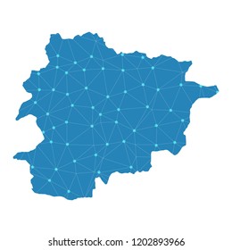 Map of Andorra from Polygonal wire frame low poly mash, contours network line, luminous space stars, design sphere, dot and structure. Vector Illustration EPS10.