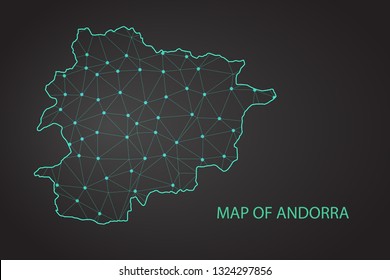 Map of Andorra from Polygonal wire frame low poly mash, contours network line, luminous space stars, design sphere, dot and structure. Vector Illustration EPS10. - Vector