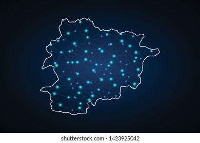 Map of Andorra from Polygonal wire frame low poly mash, contours network line, luminous space stars, design sphere, dot and structure. Vector Illustration EPS10. - Vector