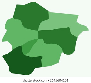 Map of Andorra with regions. Just a simple country border map with region division. Green color palette. Flat Principality of Andorra shape with administrative division. Vector illustration.