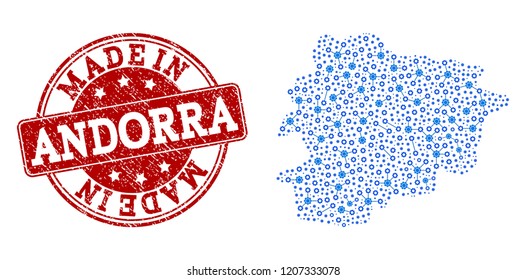 Map of Andorra vector mosaic and Made In grunge stamp. Map of Andorra composed with blue cog relations. Made in red seal with scratched rubber texture.