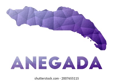 Mapa de Anegada. Baja ilustración policial de la isla. Diseño geométrico púrpura. Ilustración vectorial poligonal.