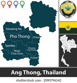 Mapa de la provincia de Ang Thong con distritos y ubicación en el mapa tailandés. Imagen del vector