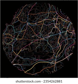 Map of Anglet, Pyrénées-Atlantiques with all major and minor roads, railways and waterways. Colorful line art on black background.
