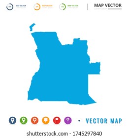 Mapa de Angola azul e icono del pin fijo.