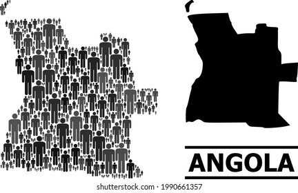Map of Angola for demographics proclamations. Vector demographics abstraction. Mosaic map of Angola made of guy pictograms. Demographic concept in dark grey color variations.