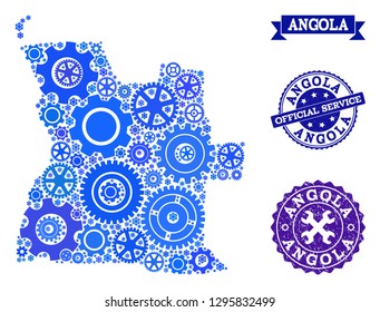 Map of Angola formed with blue wheel symbols, and isolated scratched stamps for official repair services. Vector abstract collage of map of Angola with work symbols in blue shades.