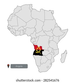 Map of Angola with an official flag. Location on the continent of Africa