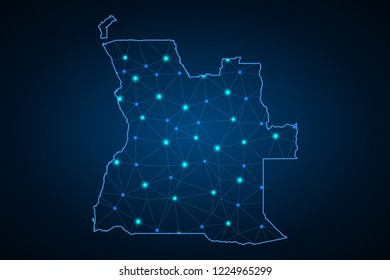 Map of Angola from Polygonal wire frame low poly mash, contours network line, luminous space stars, design sphere, dot and structure. Vector Illustration EPS10.