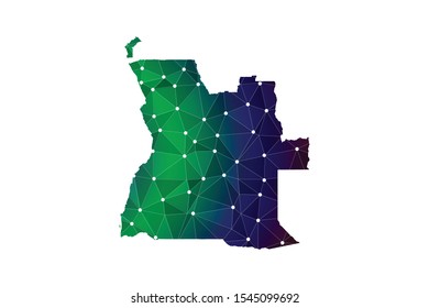 Map of Angola from Polygonal wire frame low poly mash, contours network line, luminous space stars, design sphere, dot and structure. Vector Illustration EPS10.