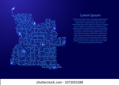 Map Angola from printed board, chip and radio component with blue star space on the contour for banner, poster, greeting card, of vector illustration.