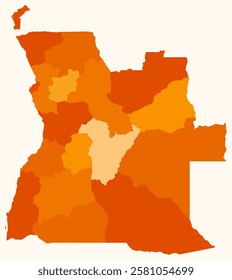 Map of Angola with regions. Just a simple country border map with region division. Orange color palette. Plain Angola shape with administrative division. Vector illustration.