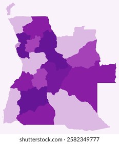 Map of Angola with regions. Just a simple country border map with region division. Purple color palette. Plain Angola shape with administrative division. Vector illustration.