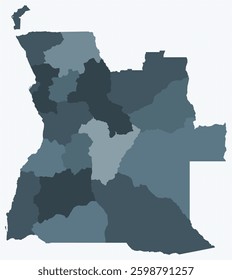 Map of Angola with regions. Just a simple country border map with region division. Blue grey color palette. Blank Angola shape with administrative division. Vector illustration.