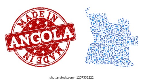 Map of Angola vector mosaic and Made In grunge stamp. Map of Angola created with blue engine relations. Made in red seal with grunge rubber texture.