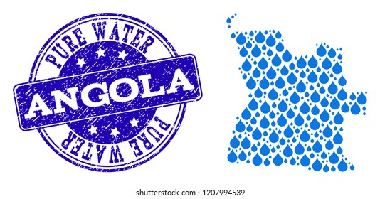 Map of Angola vector mosaic and Pure Water grunge stamp. Map of Angola designed with blue water tears. Seal with scratched rubber texture for pure drinking water.