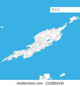 Map of Anguilla Island, Anguilla, contains geography outlines for land mass, water, major roads and minor roads.
