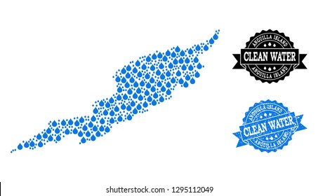 Map of Anguilla Island vector mosaic and clean water grunge stamp. Map of Anguilla Island designed with blue water tears. Seal with grunge rubber texture for pure drinking water.