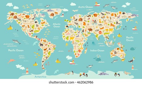 Map animal for kid. Continent of world, animated child's map. Vector illustration animals poster, drawn Earth. Continents and sea life. South America, Eurasia, North America, Africa and Australia
