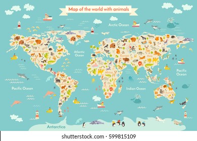 Map animal for kid. Continent of world, animated child's map. Vector illustration animals poster, drawn Earth. Continents and sea life. South America, Eurasia, North America, Africa and Australia