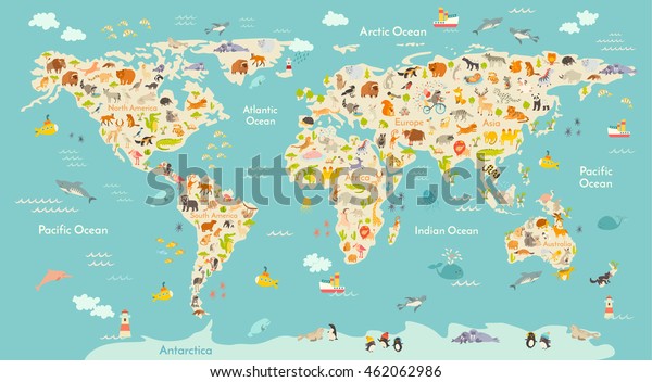 子ども用の地図動物 アニメートされた子の地図 世界大陸 ベクターイラスト動物のポスター 引き出した地球 大陸と海の生活 南米 ユーラシア 北米 アフリカ オーストラリア のベクター画像素材 ロイヤリティフリー