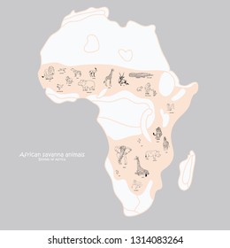 Map of Animals of African Savannah. Elephant, giraffe, zebra, lion. Vector illustration isolated on background. Poster, print