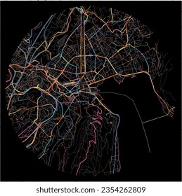 Map of Annecy, Haute-Savoie with all major and minor roads, railways and waterways. Colorful line art on black background.