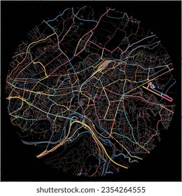 Map of Annemasse, Haute-Savoie with all major and minor roads, railways and waterways. Colorful line art on black background.