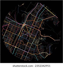 Map of Anshan, Liaoning with all major and minor roads, railways and waterways. Colorful line art on black background.