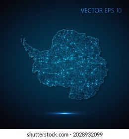 Mapa del Continente Antártico ilustrativo abstracto de la comunicación social global, mapa poligonal con puntos de conexión y líneas. Ilustración vectorial eps 10.