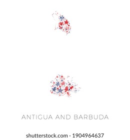 Map of ANTIGUA AND BARBUDA country filled with red and blue stars with random sizes and opacity on a white background. Abstract travel concept sign