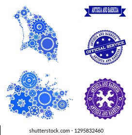 Map of Antigua and Barbuda designed with blue engine symbols, and isolated rubber seals for official repair services.