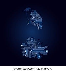 Mapa de Antigua y Barbuda con circuito electrónico. Mapa de contorno de Antigua y Barbuda con un circuito electrónico tecnológico.